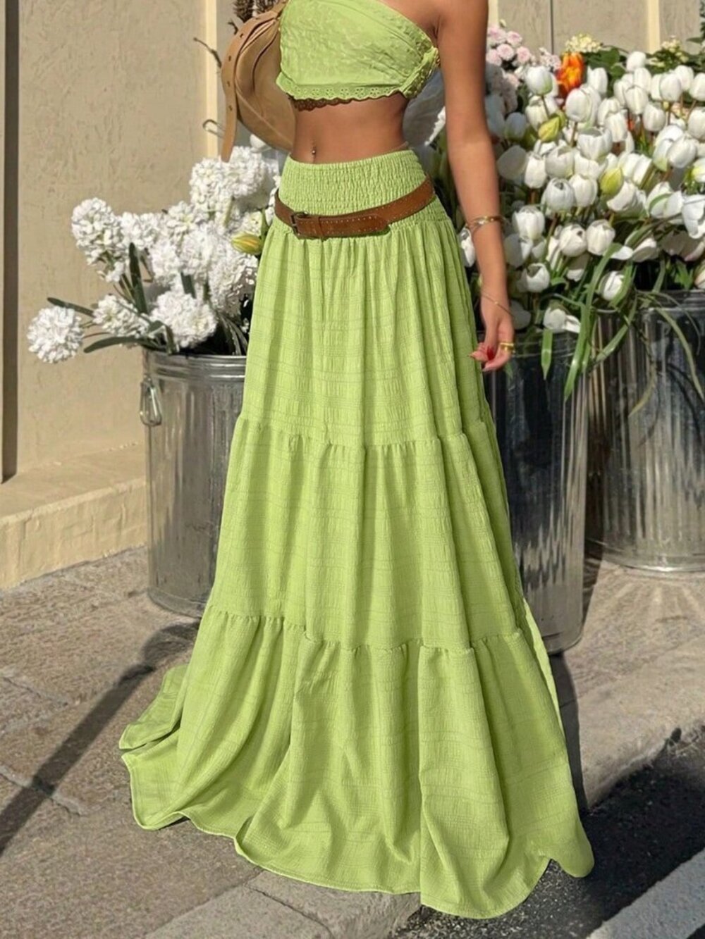 Green Casual Women's Textured Fabric High Waist Tiered Hem Skirt
